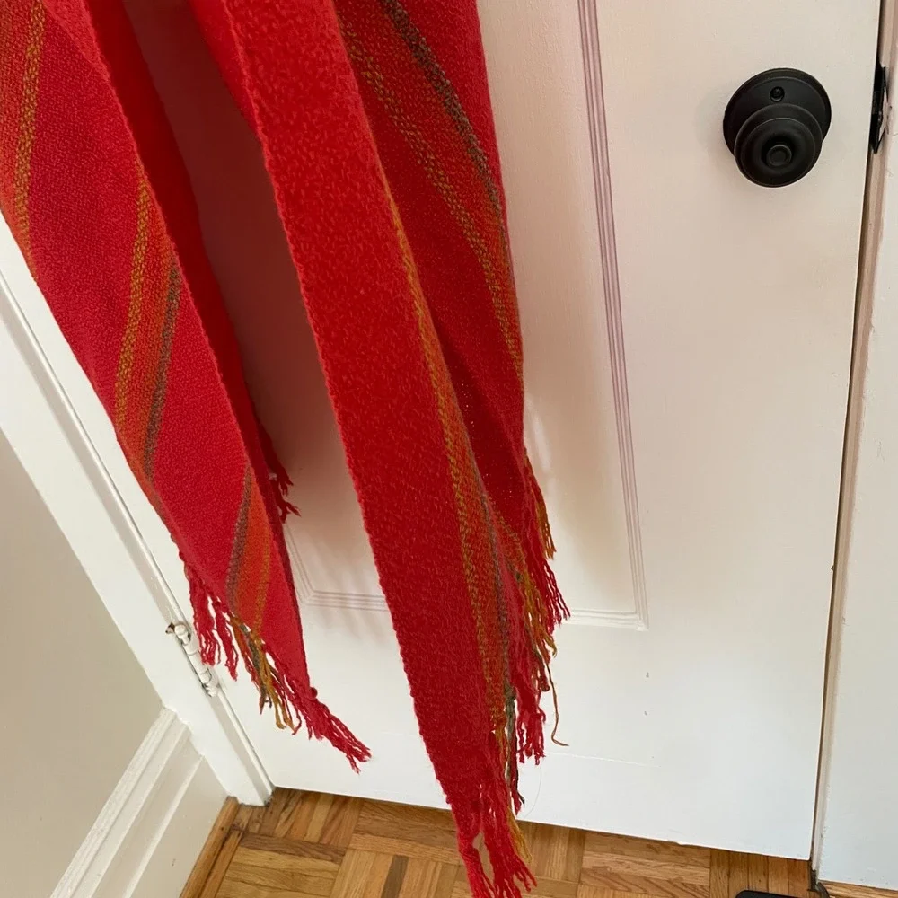 Red Woven Scarf Shawl Fringe Striped‎ Accent
